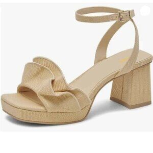 Pazzion Women Platform Square Toe Pleated Ruffle Sandals Chunky High Heels Khaki